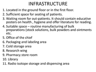 INFRASTRUCTURE
1. Located in the ground floor or in the first floor.
2. Sufficient space for seating of patients.
3. Waiting room for out-patients. It should contain educative
posters on health , hygiene and offer literature for reading.
4. Suitable space – routine manufacturing of bulk
preparations (stock solutions, bulk powders and ointments
etc.
5. Office of the chief
6. Packaging and labeling area
7. Cold storage area
8. Research wing
9. Pharmacy store room
10. Library
11. Radio isotope storage and dispensing area
 