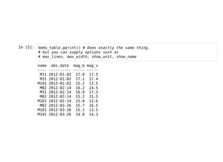 In [5]: demo_table.pprint() # Does exactly the same thing.
# but you can supply options such as
# max_lines, max_width, show_unit, show_name
name obs_date mag_b mag_v
---- ---------- ----- -----
M31 2012-01-02 17.0 17.5
M31 2012-01-02 17.1 17.4
M101 2012-01-02 15.1 13.5
M82 2012-02-14 16.2 14.5
M31 2012-02-14 16.9 17.3
M82 2012-02-14 15.2 15.5
M101 2012-02-14 15.0 13.6
M82 2012-03-26 15.7 16.5
M101 2012-03-26 15.1 13.5
M101 2012-03-26 14.8 14.3
 