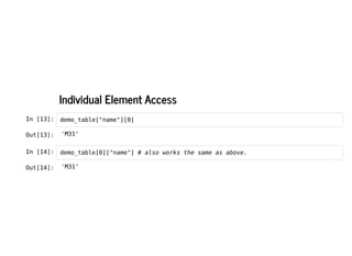 Individual Element Access
Individual Element Access
In [13]: demo_table["name"][0]
In [14]: demo_table[0]["name"] # also works the same as above.
Out[13]: 'M31'
Out[14]: 'M31'
 