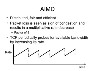 AIMD
• Distributed, fair and efficient
• Packet loss is seen as sign of congestion and
results in a multiplicative rate decrease
– Factor of 2
• TCP periodically probes for available bandwidth
by increasing its rate
Time
Rate
 