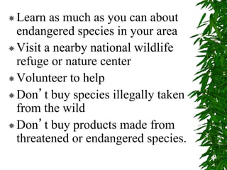 Learn as much as you can about
endangered species in your area
Visit a nearby national wildlife
refuge or nature center
Volunteer to help
Don’t buy species illegally taken
from the wild
Don’t buy products made from
threatened or endangered species.
 