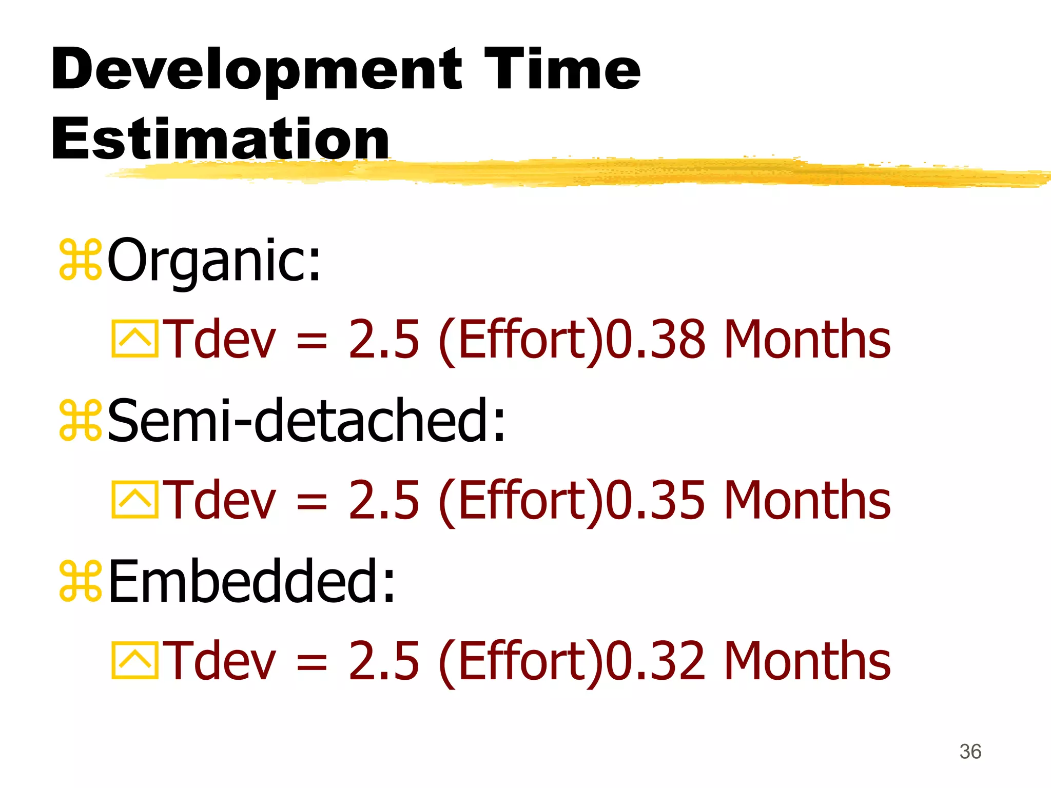 36
Development Time
Estimation
Organic:
Tdev = 2.5 (Effort)0.38 Months
Semi-detached:
Tdev = 2.5 (Effort)0.35 Months
Embedded:
Tdev = 2.5 (Effort)0.32 Months
 