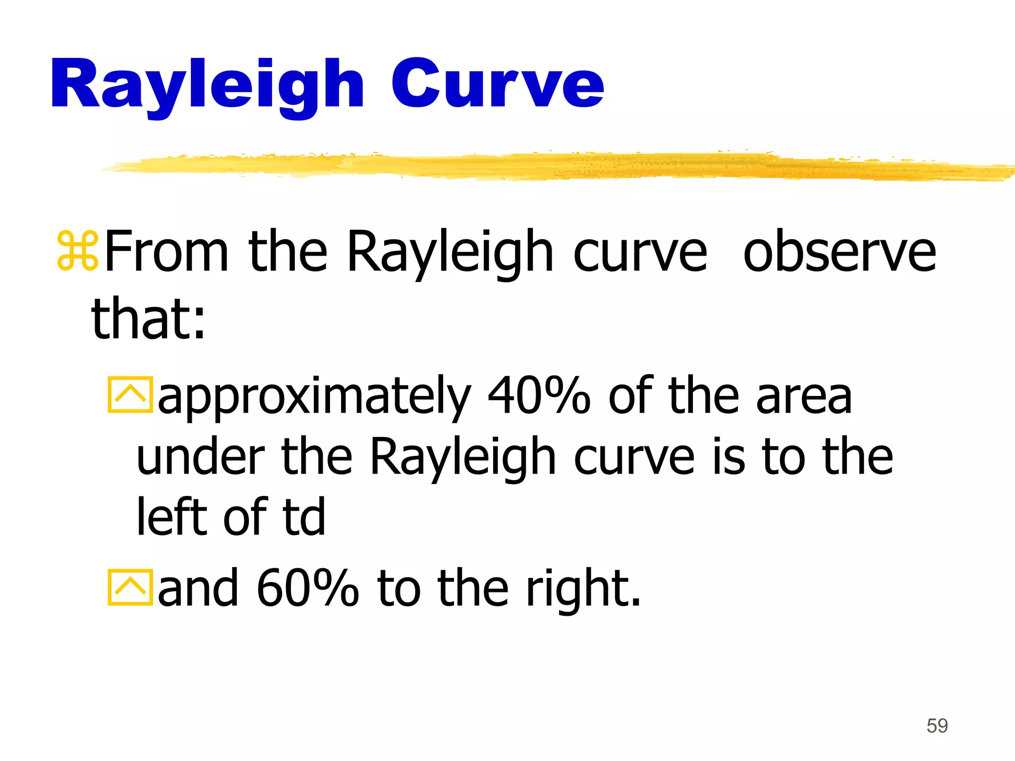 59
Rayleigh Curve
From the Rayleigh curve observe
that:
approximately 40% of the area
under the Rayleigh curve is to the
left of td
and 60% to the right.
 