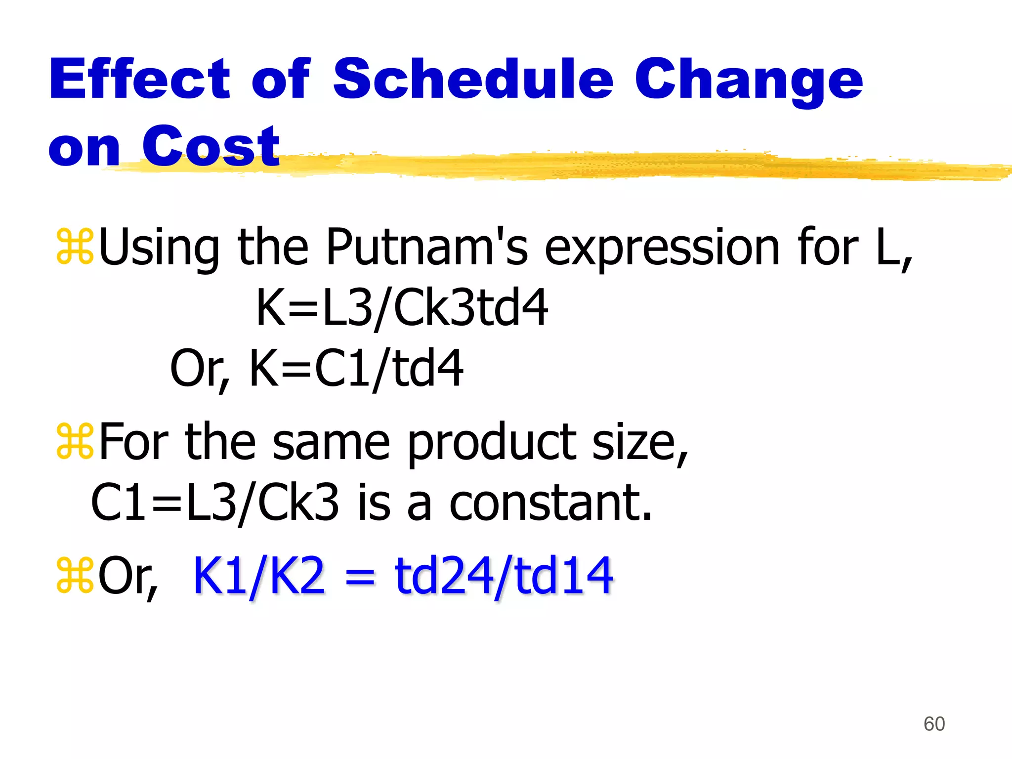 60
Effect of Schedule Change
on Cost
Using the Putnam's expression for L,
K=L3/Ck3td4
Or, K=C1/td4
For the same product size,
C1=L3/Ck3 is a constant.
Or, K1/K2 = td24/td14
 