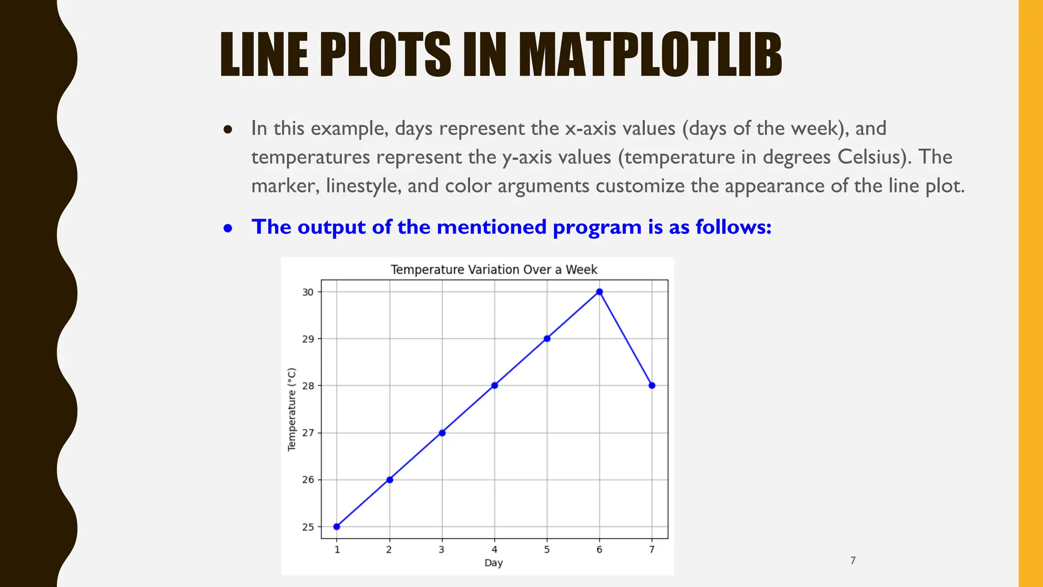 LINE PLOTS IN MATPLOTLIB
● In this example, days represent the x-axis values (days of the week), and
temperatures represent the y-axis values (temperature in degrees Celsius). The
marker, linestyle, and color arguments customize the appearance of the line plot.
● The output of the mentioned program is as follows:
7
 