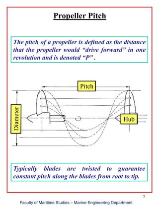 7
Propeller Pitch
Faculty of Maritime Studies – Marine Engineering Department
The pitch of a propeller is defined as the distance
that the propeller would “drive forward” in one
revolution and is denoted “P” .
Pitch
Hub
Typically blades are twisted to guarantee
constant pitch along the blades from root to tip.
 