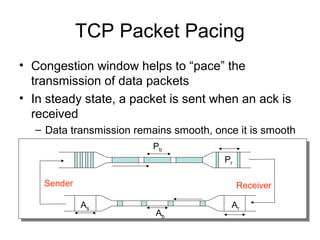 TCP Packet Pacing
• Congestion window helps to “pace” the
transmission of data packets
• In steady state, a packet is sent when an ack is
received
– Data transmission remains smooth, once it is smooth
– Self-clocking behavior
Pr
Pb
Ar
Ab
ReceiverSender
As
 