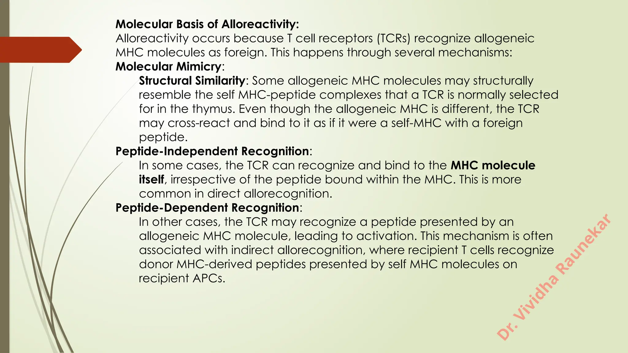 D
r
.
V
i
v
i
d
h
a
R
a
u
n
e
k
a
r
Molecular Basis of Alloreactivity:
Alloreactivity occurs because T cell receptors (TCRs) recognize allogeneic
MHC molecules as foreign. This happens through several mechanisms:
Molecular Mimicry:
Structural Similarity: Some allogeneic MHC molecules may structurally
resemble the self MHC-peptide complexes that a TCR is normally selected
for in the thymus. Even though the allogeneic MHC is different, the TCR
may cross-react and bind to it as if it were a self-MHC with a foreign
peptide.
Peptide-Independent Recognition:
In some cases, the TCR can recognize and bind to the MHC molecule
itself, irrespective of the peptide bound within the MHC. This is more
common in direct allorecognition.
Peptide-Dependent Recognition:
In other cases, the TCR may recognize a peptide presented by an
allogeneic MHC molecule, leading to activation. This mechanism is often
associated with indirect allorecognition, where recipient T cells recognize
donor MHC-derived peptides presented by self MHC molecules on
recipient APCs.
 
