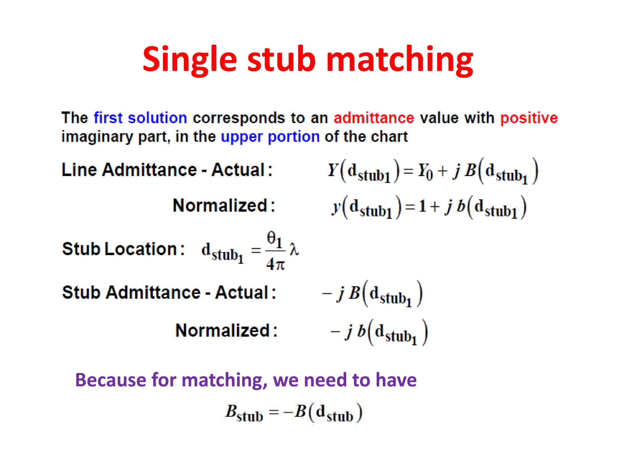 Single stub matching
Because for matching, we need to have
 