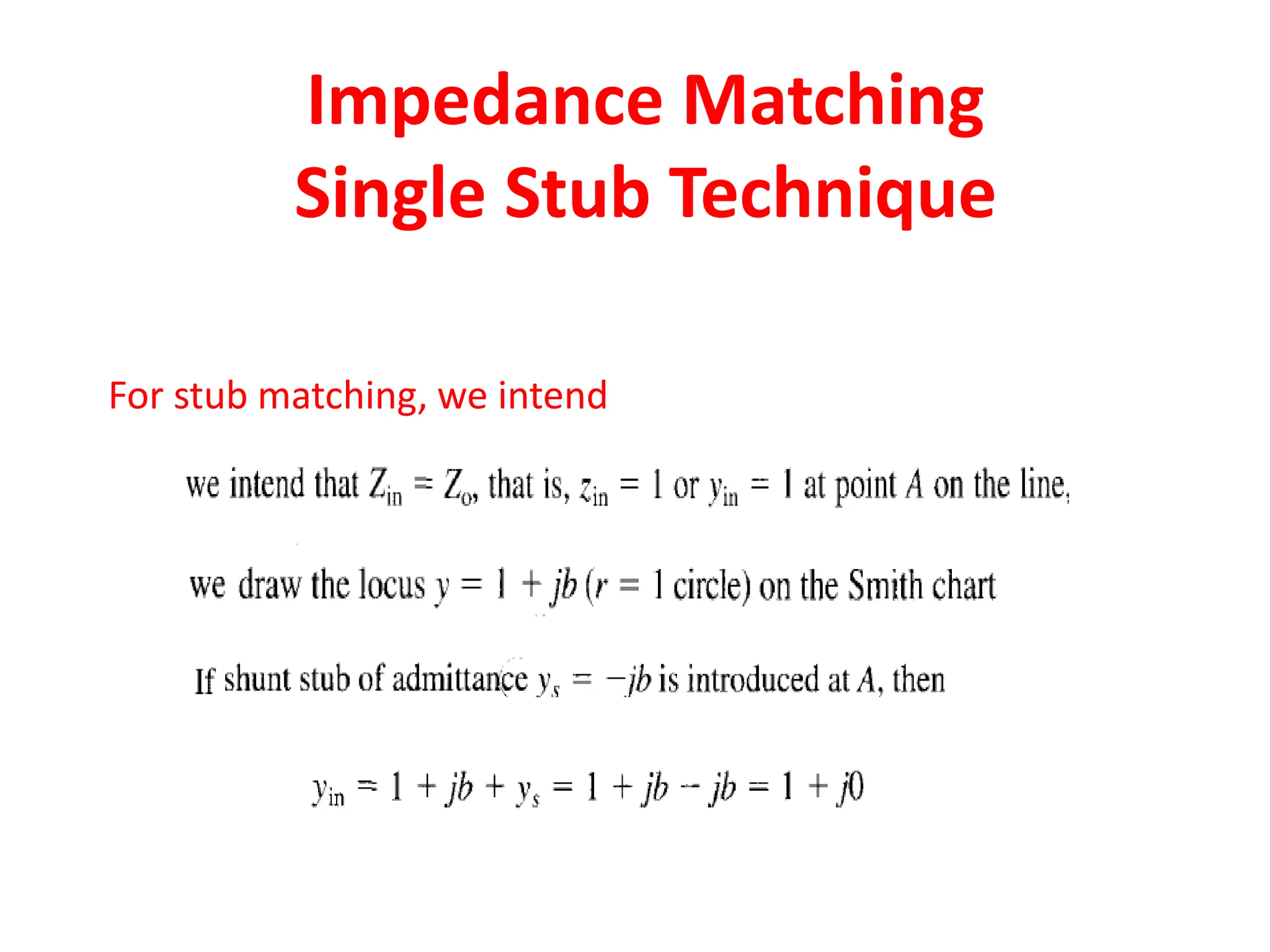 Impedance Matching
Single Stub Technique
For stub matching, we intend
 