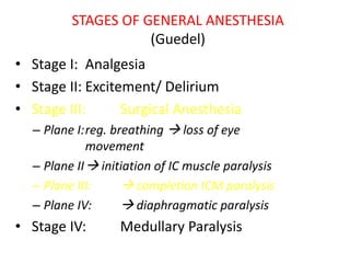STAGES OF GENERAL ANESTHESIA
(Guedel)
• Stage I: Analgesia
• Stage II: Excitement/ Delirium
• Stage III: Surgical Anesthesia
– Plane I:reg. breathing  loss of eye
movement
– Plane II initiation of IC muscle paralysis
– Plane III:  completion ICM paralysis
– Plane IV:  diaphragmatic paralysis
• Stage IV: Medullary Paralysis
 