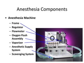Anesthesia Components
– Frame
– Regulator
– Flowmeter
– Oxygen Flush
Assembly
– Vaporizer
– Anesthetic Supply
System
– Scavenging System
• Anesthesia Machine
 
