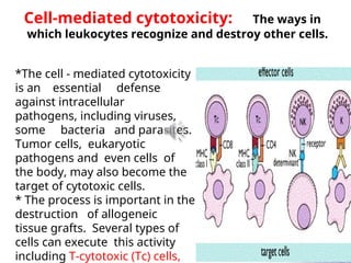 *The cell - mediated cytotoxicity
is an essential defense
against intracellular
pathogens, including viruses,
some bacteria and parasites.
Tumor cells, eukaryotic
pathogens and even cells of
the body, may also become the
target of cytotoxic cells.
* The process is important in the
destruction of allogeneic
tissue grafts. Several types of
cells can execute this activity
including T-cytotoxic (Tc) cells,
Cell-mediated cytotoxicity: The ways in
which leukocytes recognize and destroy other cells.
 