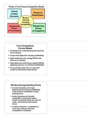 Threat of
Substitutes
Threat
of New
Entrants
Bargaining
Power
of Purchasers
Bargaining
Power
of Suppliers
Porter’s Five Forces Competitive Model
Rivalry
Among
Existing
Competitors
Five Competitive
Forces Model
• Framework for understanding the structure
of an industry.
• Forces that determine industry profitability.
• Helps determine the average ROI for the
firms in an industry.
• Help determine what forces impacts ROI by
applying pressure on industry profitability?
• Try to position their firm in a way that
avoids or diminishes these forces
Rivalry Among Existing Firms
• In most industries, the major
determinant of industry profitability
is the level of competition among
existing firms.
• Some industries are fiercely
competitive, to the point where
prices are pushed below the level of
costs, and industry-wide losses
occur.
• In other industries, competition is
much less intense and price
competition is subdued.
 