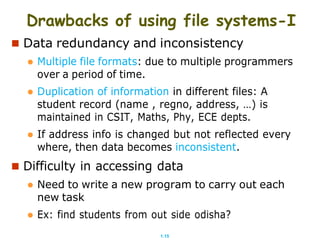 1.15
Drawbacks of using file systems-I
 Data redundancy and inconsistency
 Multiple file formats: due to multiple programmers
over a period of time.
 Duplication of information in different files: A
student record (name , regno, address, …) is
maintained in CSIT, Maths, Phy, ECE depts.
 If address info is changed but not reflected every
where, then data becomes inconsistent.
 Difficulty in accessing data
 Need to write a new program to carry out each
new task
 Ex: find students from out side odisha?
 