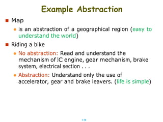 1.19
 Map
Example Abstraction
 is an abstraction of a geographical region (easy to
understand the world)
 Riding a bike
 No abstraction: Read and understand the
mechanism of IC engine, gear mechanism, brake
system, electrical section . . .
 Abstraction: Understand only the use of
accelerator, gear and brake leavers. (life is simple)
 