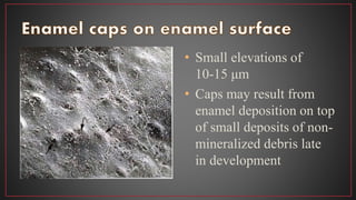 • Small elevations of
10-15 μm
• Caps may result from
enamel deposition on top
of small deposits of non-
mineralized debris late
in development
 