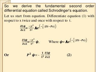 So we derive the fundamental second order
differential equation called Schrodinger's equation.
Let us start from equation. Differentiate equation (1) with
respect to x twice and once with respect to t.
𝝏𝟐𝟁
𝝏𝒙𝟐
=
−𝑝2
ℏ2 A𝒆
−
𝒊
ℏ
(𝑬𝒕−𝑷𝒙)
𝝏𝟐𝟁
𝝏𝒙𝟐
=
−𝑝2
ℏ2 𝟁, Where 𝟁= A𝒆
−
𝒊
ℏ
(𝑬𝒕−𝑷𝒙)
Or 𝑷 𝟐
𝟁= -
𝟏
ℏ 𝟐
𝝏𝟐𝟁
𝝏𝒙𝟐
(2)
 
