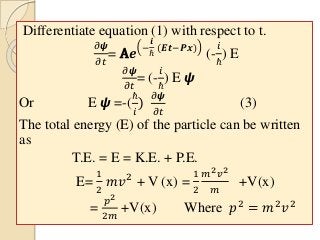 Differentiate equation (1) with respect to t.
𝜕𝟁
𝜕𝑡
= A𝒆
−
𝒊
ℏ
(𝑬𝒕−𝑷𝒙)
(-
𝑖
ℏ
) E
𝜕𝟁
𝜕𝑡
= (-
𝑖
ℏ
) E 𝟁
Or E 𝟁 =-(
ℏ
𝑖
)
𝜕𝟁
𝜕𝑡
(3)
The total energy (E) of the particle can be written
as
T.E. = E = K.E. + P.E.
E=
1
2
𝑚𝑣2
+ V (x) =
1
2
𝑚2 𝑣2
𝑚
+V(x)
=
𝑝2
2𝑚
+V(x) Where 𝑝2
= 𝑚2
𝑣2
 