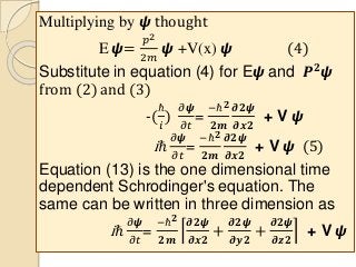 Multiplying by 𝟁 thought
E 𝟁=
𝑝2
2𝑚
𝟁 +V(x) 𝟁 (4)
Substitute in equation (4) for E𝟁 and 𝑷 𝟐
𝟁
from (2) and (3)
-(
ℏ
𝑖
)
𝜕𝟁
𝜕𝑡
=
−ℏ 𝟐
𝟐𝒎
𝝏𝟐𝟁
𝝏𝒙𝟐
+ V 𝟁
iℏ
𝜕𝟁
𝜕𝑡
=
−ℏ 𝟐
𝟐𝒎
𝝏𝟐𝟁
𝝏𝒙𝟐
+ V 𝟁 (5)
Equation (13) is the one dimensional time
dependent Schrodinger's equation. The
same can be written in three dimension as
iℏ
𝜕𝟁
𝜕𝑡
=
−ℏ 𝟐
𝟐𝒎
𝝏𝟐𝟁
𝝏𝒙𝟐
+
𝝏𝟐𝟁
𝝏𝒚𝟐
+
𝝏𝟐𝟁
𝝏𝒛𝟐
+ V 𝟁
 