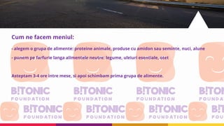 Cum ne facem meniul:
- alegem o grupa de alimente: proteine animale, produse cu amidon sau seminte, nuci, alune
- punem pe farfurie langa alimentele neutre: legume, uleiuri esentiale, otet
Asteptam 3-4 ore intre mese, si apoi schimbam prima grupa de alimente.
 