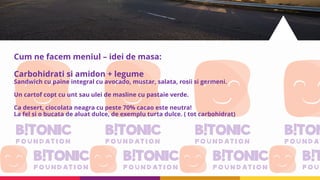 Cum ne facem meniul – idei de masa:
Carbohidrati si amidon + legume
Sandwich cu paine integral cu avocado, mustar, salata, rosii si germeni.
Un cartof copt cu unt sau ulei de masline cu pastaie verde.
Ca desert, ciocolata neagra cu peste 70% cacao este neutra!
La fel si o bucata de aluat dulce, de exemplu turta dulce. ( tot carbohidrat)
 