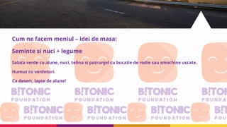 Cum ne facem meniul – idei de masa:
Seminte si nuci + legume
Salata verde cu alune, nuci, telina si patrunjel cu bucatie de rodie sau smochine uscate.
Humus cu verdeturi.
Ca desert, lapte de alune!
 