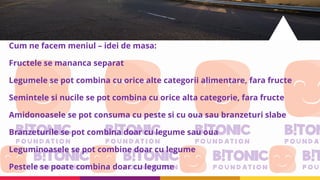 Cum ne facem meniul – idei de masa:
Fructele se mananca separat
Legumele se pot combina cu orice alte categorii alimentare, fara fructe
Semintele si nucile se pot combina cu orice alta categorie, fara fructe
Amidonoasele se pot consuma cu peste si cu oua sau branzeturi slabe
Branzeturile se pot combina doar cu legume sau oua
Leguminoasele se pot combine doar cu legume
Pestele se poate combina doar cu legume
 