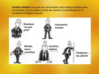 Pozitia mainilor ne poate da nenumarate indicii despre starea cuiva.
Enumeram mai jos cateva pozitii ale mainilor si semnificatia lor in
contextul limbajului corpului:
 