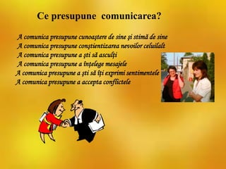 A comunica presupune cunoaştere de sine şi stimă de sine
A comunica presupune conştientizarea nevoilor celuilalt
A comunica presupune a şti să asculţi
A comunica presupune a înţelege mesajele
A comunica presupune a şti să îţi exprimi sentimentele
A comunica presupune a accepta conflictele
Ce presupune comunicarea?
 