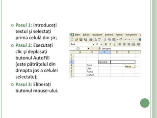  Pasul 1: introduceţi
  textul şi selectaţi
  prima celulă din şir;
 Pasul 2: Executaţi
  clic şi deplasaţi
  butonul AutoFill
  (este pătrăţelul din
  dreapta jos a celulei
  selectate);
 Pasul 3: Eliberaţi
  butonul mouse-ului.
 
