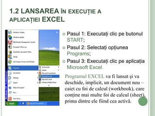 1.2 LANSAREA ÎN EXECUŢIE A
APLICAŢIEI EXCEL

               Pasul 1: Executaţi clic pe butonul
                START;
               Pasul 2: Selectaţi opţiunea
                Programs;
               Pasul 3: Executaţi clic pe aplicaţia
                Microsoft Excel.
               Programul EXCEL va fi lansat şi va
               deschide, implicit, un document nou –
               caiet cu foi de calcul (workbook), care
               conţine mai multe foi de calcul (sheet),
               prima dintre ele fiind cea activă.
 