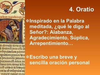 4. Oratio Inspirado en la Palabra meditada, ¿qué le digo al Señor?: Alabanza, Agradecimiento, Súplica, Arrepentimiento… Escribo una breve y sencilla oración personal  