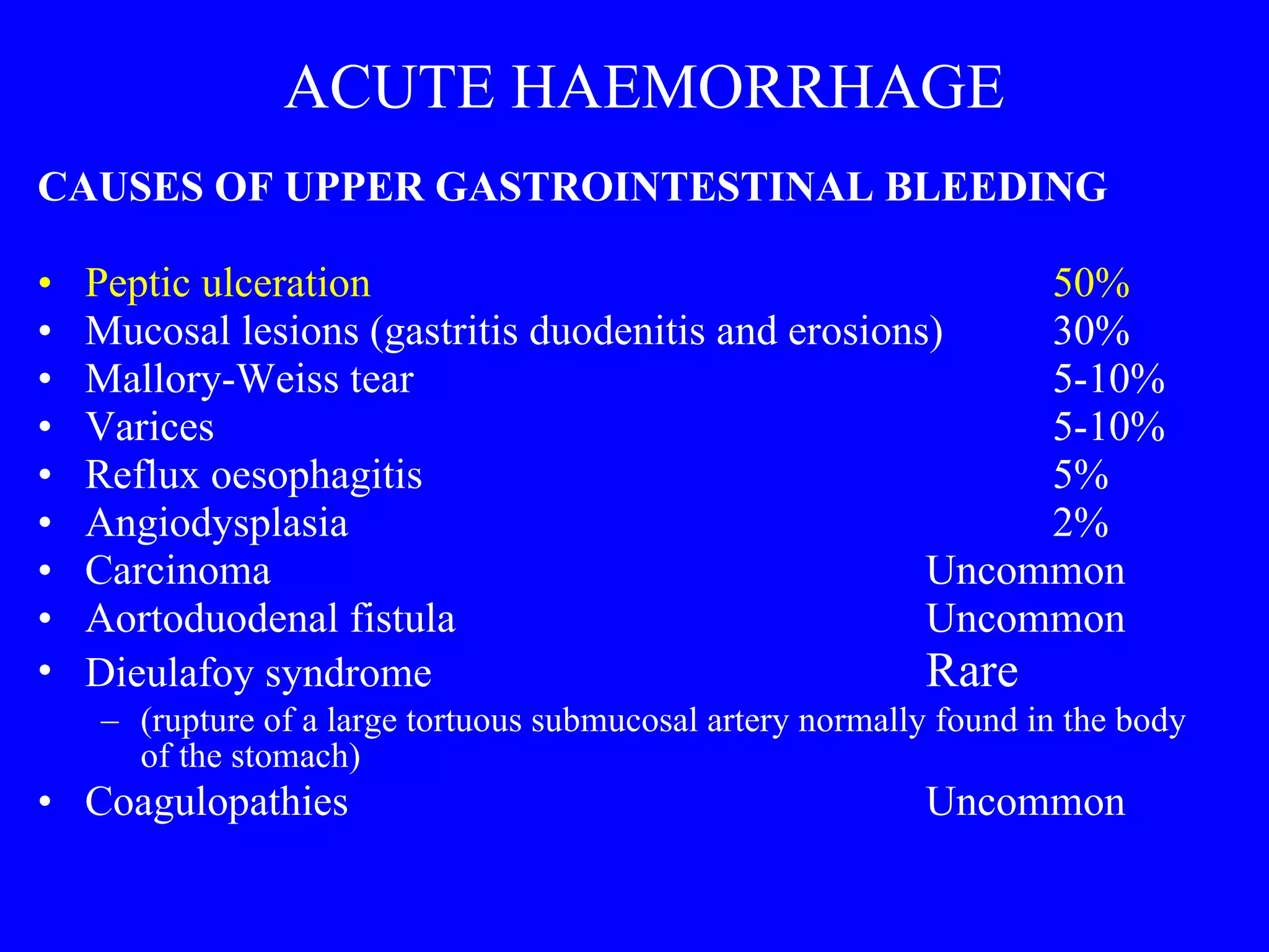 ACUTE HAEMORRHAGE CAUSES OF UPPER GASTROINTESTINAL BLEEDING Peptic ulceration 50% Mucosal lesions  ( gastritis  d uodenitis and erosions ) 30% Mallory-Weiss tear 5-10% Varices 5-10% Reflux oesophagitis 5% Angiodysplasia 2% Carcinoma Uncommon Aortoduodenal fistula Uncommon Dieulafoy syndrome  Rare (rupture of a large tortuous submucosal artery normally found in the body of the stomach) Coagulopathies Uncommo n 