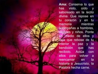 Ama:  Conserva lo que has visto, oído y saboreado en la  lectio divina . Que repose en tu corazón y en tu memoria mientras acompañas a hombres, mujeres y niños. Ponte en medio de ellos y deja que rebose de tu interior la paz y la bendición que has recibido. Actúa con ellos para volver a reencarnar en la historia a Jesucristo, la Palabra hecha carne. 