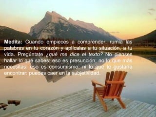 Medita:  Cuando empieces a comprender, rumia las palabras en tu corazón y aplícalas a tu situación, a tu vida. Pregúntate  ¿qué me dice el texto?  No pienses hallar lo que sabes: eso es presunción; no lo que más necesitas: eso es consumismo; ni lo que te gustaría encontrar: puedes caer en la subjetividad. 