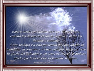 espera usted con paciencia a que llegue el día,
  cuando los despierte el sol de justicia y su luz los
                  ilumine y caliente.
  A este trabajo y a esta paciencia hay que añadir la
humildad, la oración y el buen ejemplo; luego ya verá
la gloria del Salvador y, en estos avisos, el verdadero
     afecto que le tiene este su humilde servidor.
                  San Vicente de Paúl (VII, 293)
 