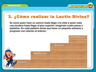 3. ¿Cómo realizar la Lectio Divina? Es como quien hace un camino hasta llegar a la meta o quien sube una escalera hasta llegar al piso superior. Imagínate cuatro pasos o peldaños. En cada peldaño tienes que hacer un pequeño esfuerzo y progresar con relación al anterior. Contemplación Oración Meditación Lectura 