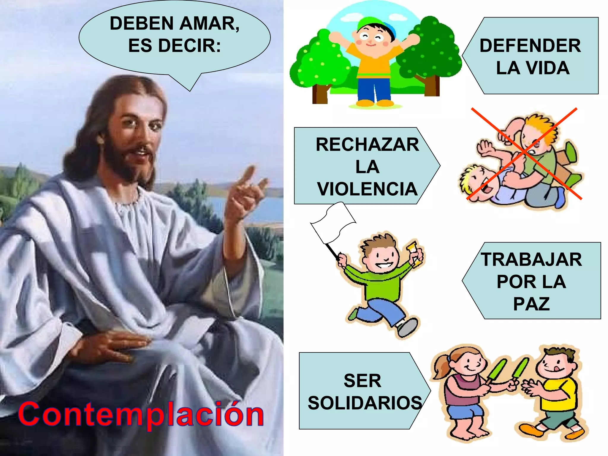 DEFENDER LA VIDA TRABAJAR POR LA PAZ RECHAZAR LA VIOLENCIA SER  SOLIDARIOS DEBEN AMAR, ES DECIR: 