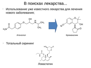 •
Тотальный скрининг
Ловастатин
•
Использование уже известного лекарства для лечения
нового заболевания;
КромакалимАтенолол
В поисках лекарства...
 