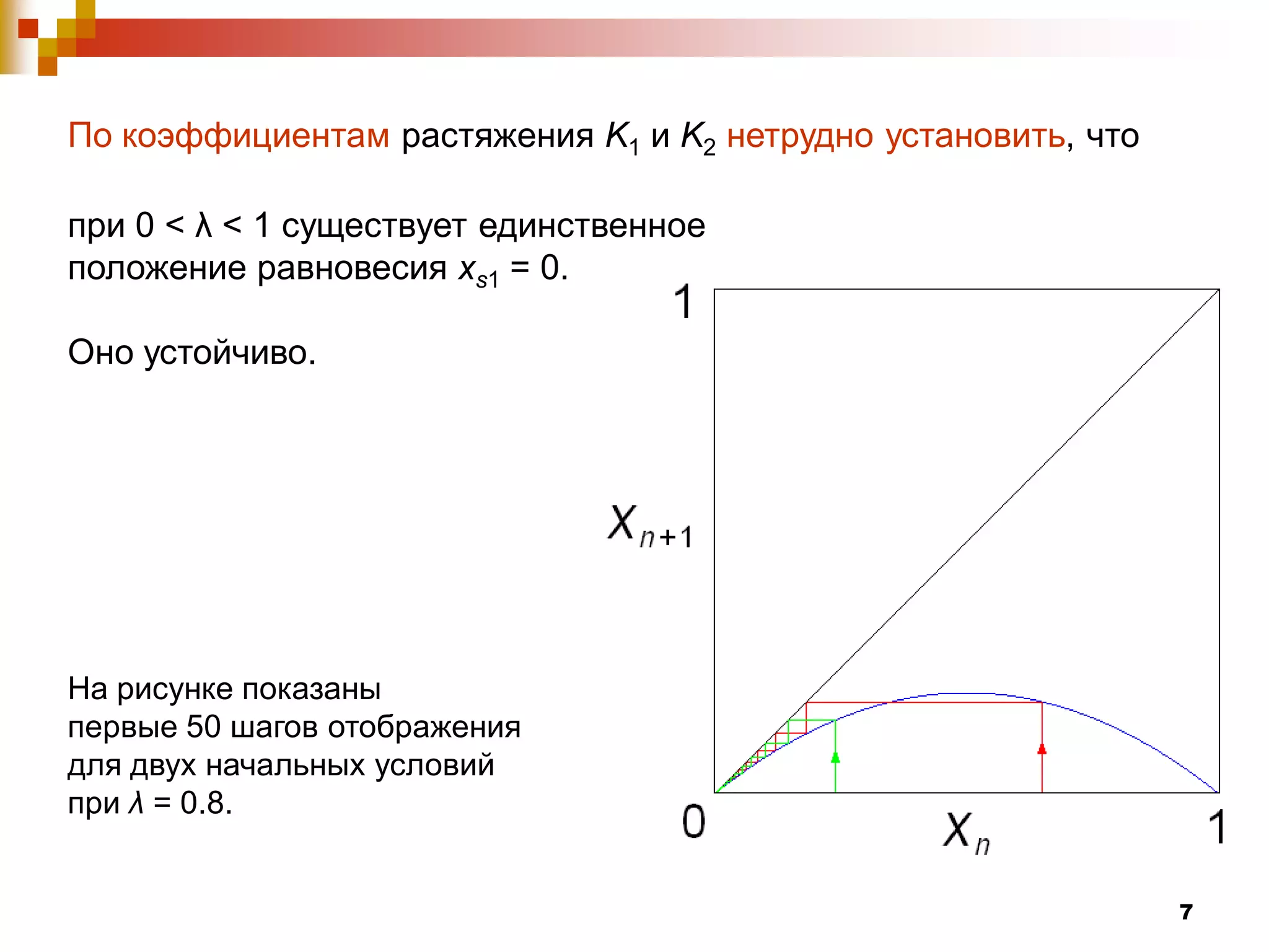 По коэффициентам растяжения K1 и K2 нетрудно установить, что

при 0 < λ < 1 существует единственное
положение равновесия xs1 = 0.

Оно устойчиво.




На рисунке показаны
первые 50 шагов отображения
для двух начальных условий
при λ = 0.8.


                                                               7
 