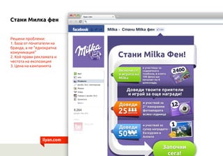 Стани Милка фен


Решени проблеми:
1. База от почитатели на
бранда, а не “еднократна
комуникация”
2. Кой прави рекламата и
честота на експозиция
3. Цена на кампанията




                ilyan.com
 