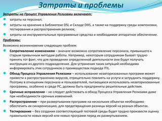 Затраты и проблемы
Затраты на Процесс Управления Релизами включают:
● затраты на персонал;
● затраты на хранение в Библиотеке DSL и Складе DHS, а также на поддержку среды компоновки,
тестирования и распространения релизов;
● затраты на инструментальные программные средства и необходимое аппаратное обеспечение.
Проблемы:
Возможно возникновение следующих проблем:
● Сопротивление изменениям – вначале возможно сопротивление персонала, привыкшего к
старым привычным методам работы. Например, некоторым сотрудникам бывает трудно
принять тот факт, что для проведения определенной деятельности они будут получать
инструкции из другого подразделения. Для устранения таких ситуаций необходимо
информировать этих сотрудников о преимуществах подхода ITIL.
● Обход Процесса Управления Релизами – использование неавторизованных программ может
привести к распространению вирусов, отрицательно повлиять на услуги и затруднить поддержку.
Поэтому в отношении персонала и пользователей, пытающихся использовать неавторизованные
программы, особенно в среде PC, должны быть предприняты решительные действия.
● Срочные исправления – не следует действовать в обход Процесса Управления Релизами даже
при необходимости срочных изменений.
● Распространение – при развертывании программ на нескольких объектах необходимо
обеспечить их синхронизацию, для предотвращения разницы версий на разных объектах.
● Тестирование – без создания соответствующей тестовой среды будет трудно произвести оценку
правильности новых версий или новых программ перед их развертыванием.
 