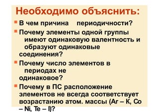 Необходимо объяснить:
 В чем причина периодичности?
 Почему элементы одной группы
имеют одинаковую валентность и
образуют одинаковые
соединения?
 Почему число элементов в
периодах не
одинаковое?
 Почему в ПС расположение
элементов не всегда соответствует
возрастанию атом. массы (Аr – К, Co
– Ni, Te – I)?
 
