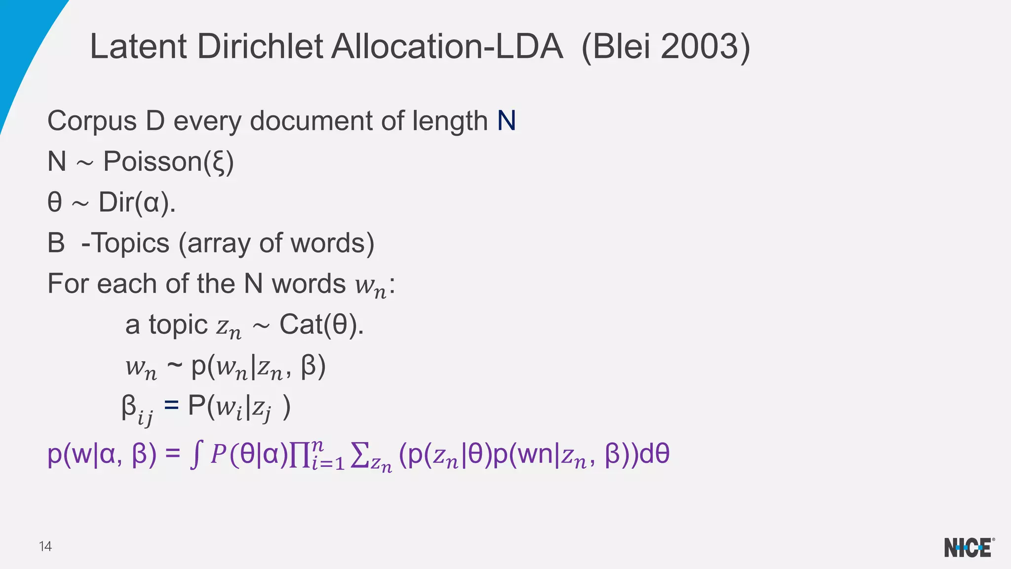 Corpus D every document of length N
N ∼ Poisson(ξ)
θ ∼ Dir(α).
Β -Topics (array of words)
For each of the N words 𝑤 𝑛:
a topic 𝑧 𝑛 ∼ Cat(θ).
𝑤 𝑛 ~ p(𝑤 𝑛|𝑧 𝑛, β)
β𝑖𝑗 = P(𝑤𝑖|𝑧𝑗 )
p(w|α, β) = 𝑃(θ|α) 𝑖=1
𝑛
𝑧 𝑛
(p(𝑧 𝑛|θ)p(wn|𝑧 𝑛, β))dθ
Latent Dirichlet Allocation-LDA (Blei 2003)
14
 