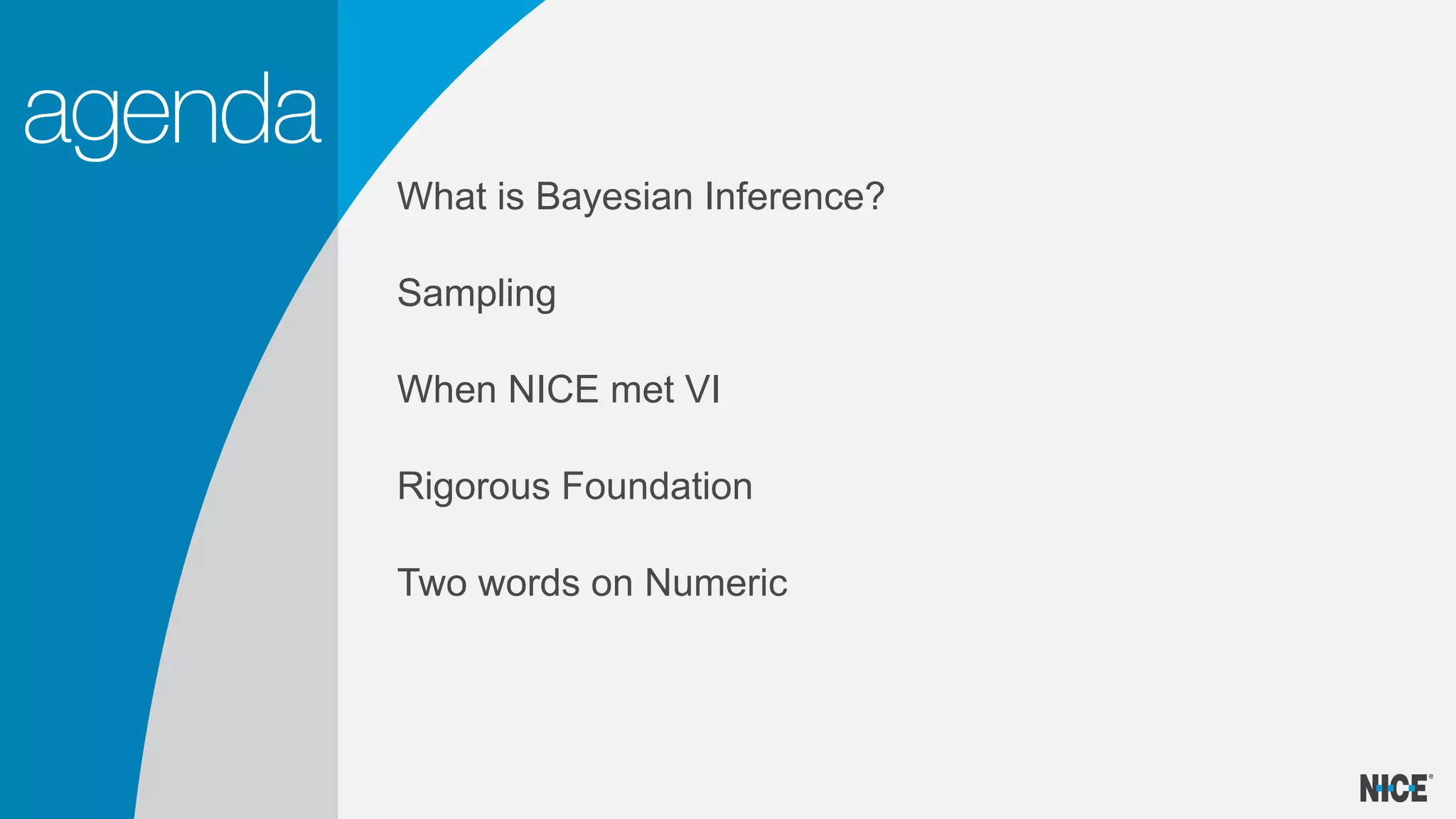 What is Bayesian Inference?
Sampling
When NICE met VI
Rigorous Foundation
Two words on Numeric
 