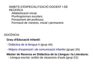 DOCÈNCIA
Grau d'Educació Infantil:
- Didàctica de la llengua II (grup 4A)
- Mitjans d'expressió i de comunicació infantils (grups 2A)
Màster de Recerca en Didàctica de la Llengua i la Literatura:
- Llengua escrita: anàlisi de situacions d’aula (grup G1)
ÀMBITS D’ESPECIALITZACIÓ DOCENT I DE
RECERCA
Alfabetització inicial.
Plurilingüismes escolars.
Pensament del professor.
Formació de mestres, inicial i permanent.
 