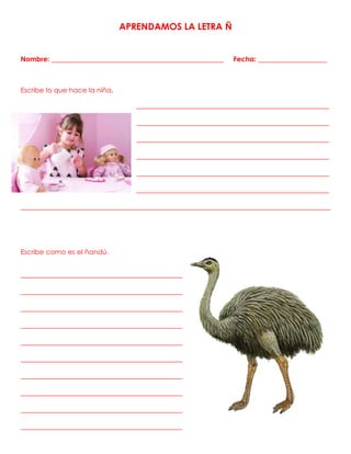 APRENDAMOS LA LETRA Ñ
Nombre: __________________________________________________ Fecha: ____________________
Escribe lo que hace la niña.
________________________________________________________
________________________________________________________
________________________________________________________
________________________________________________________
________________________________________________________
________________________________________________________
__________________________________________________________________________________________
Escribe como es el ñandú.
_______________________________________________
_______________________________________________
_______________________________________________
_______________________________________________
_______________________________________________
_______________________________________________
_______________________________________________
_______________________________________________
_______________________________________________
_______________________________________________
 