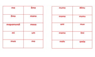 ma Ema
Emo mano
mapamundi mesa
mi um
mua mo
muma Mimu
moma mumu
ami mue
mamo Emi
moto amia
 