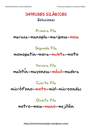 Maribel Martínez y Ginés Ciudad-Real Fichas para trabajar la conciencia silábica
http://orientacionandujar.wordpress.com/
INTRUSOSINTRUSOSINTRUSOSINTRUSOS SILÁBICOSSILÁBICOSSILÁBICOSSILÁBICOS
SolucionesSolucionesSolucionesSoluciones
Primera filaPrimera filaPrimera filaPrimera fila
maracamaracamaracamaraca----manoplamanoplamanoplamanopla----mariposamariposamariposamariposa----mesamesamesamesa
SegundaSegundaSegundaSegunda filafilafilafila
monopatinmonopatinmonopatinmonopatin----moramoramoramora----muletamuletamuletamuleta----motomotomotomoto
terceraterceraterceratercera filafilafilafila
maletínmaletínmaletínmaletín----mayonesamayonesamayonesamayonesa----móvilmóvilmóvilmóvil----maderamaderamaderamadera
CuartaCuartaCuartaCuarta filafilafilafila
micrófonomicrófonomicrófonomicrófono----motomotomotomoto----mielmielmielmiel----microondasmicroondasmicroondasmicroondas
Quinta filaQuinta filaQuinta filaQuinta fila
metrometrometrometro----mesamesamesamesa----manomanomanomano----mejillónmejillónmejillónmejillón
 